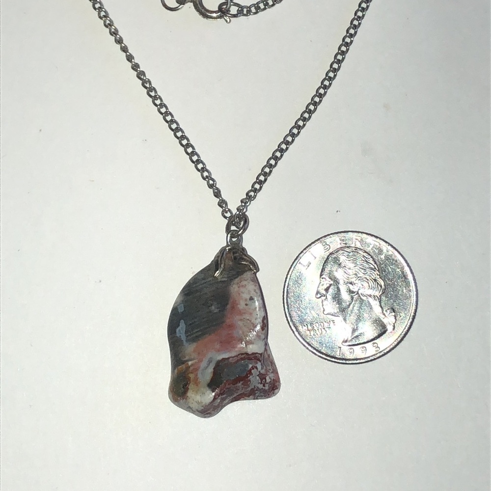 Silver Tone Chain Necklace with Irregular White and Peach Stone Pendant - Picture 6 of 6